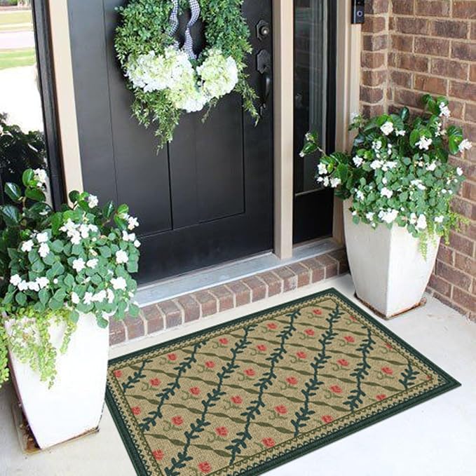 Front Door Mat Outside Entrance, 2x3 Green Brown Floral Trellis Rug | Non-Slip - Image 4