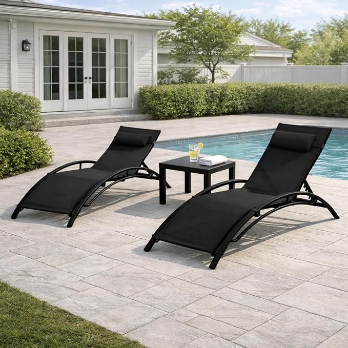 EROMMY Outdoor Chaise Lounge Set of 3, Reclining Patio Chairs by EROMMY