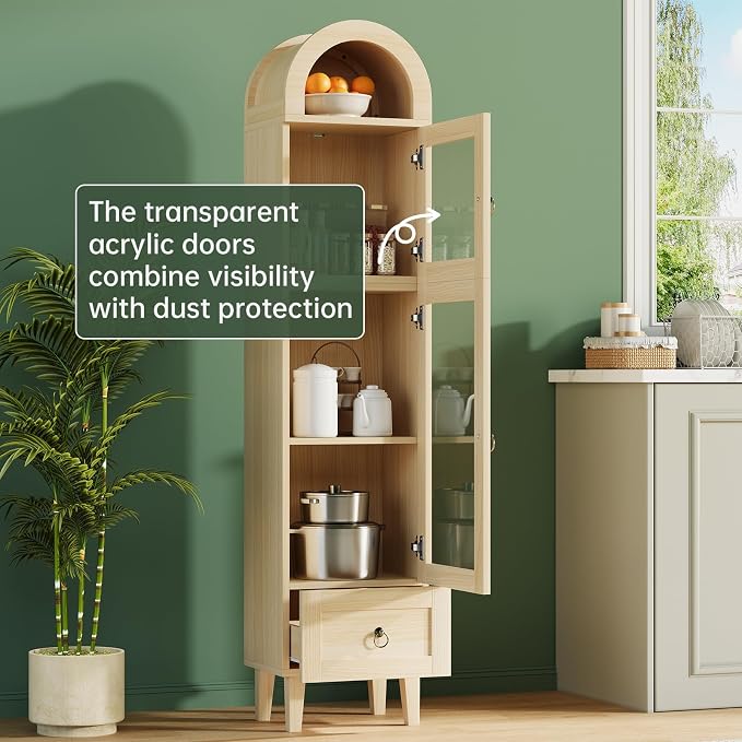 71" Tall Arched Cabinet with Acrylic Door, Modern Curio Arched Bookcase W/Drawer - Image 5