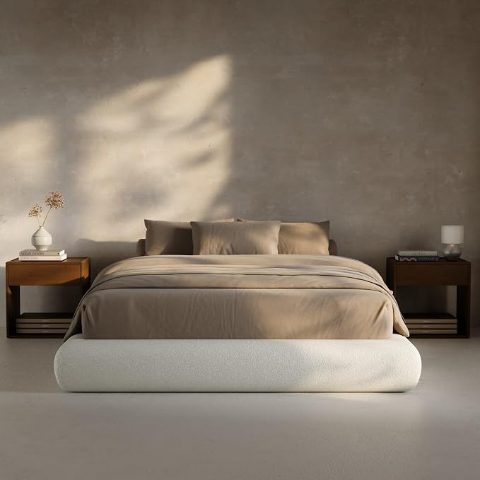 RECCI AirFrame Half-Moon Upholstered Queen Platform Bed Frame, Boucle Curved by RECCI