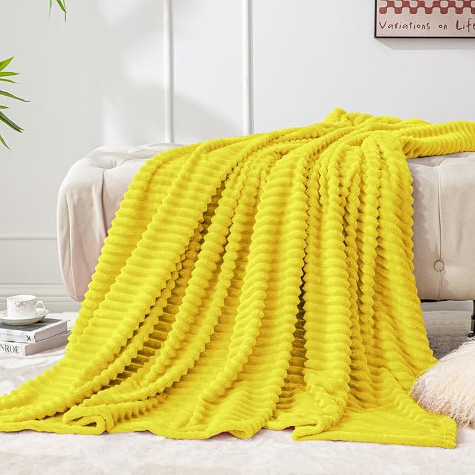 BEDELITE 3D Ribbed Jacquard Yellow Fleece Twin Blanket - Image 7