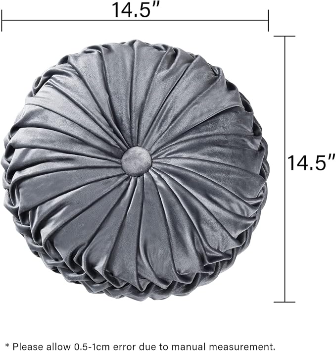 HIG Set of 2 Dark Gray Velvet Decorative Round Pleated Throw Pillows | Vintage - Image 3