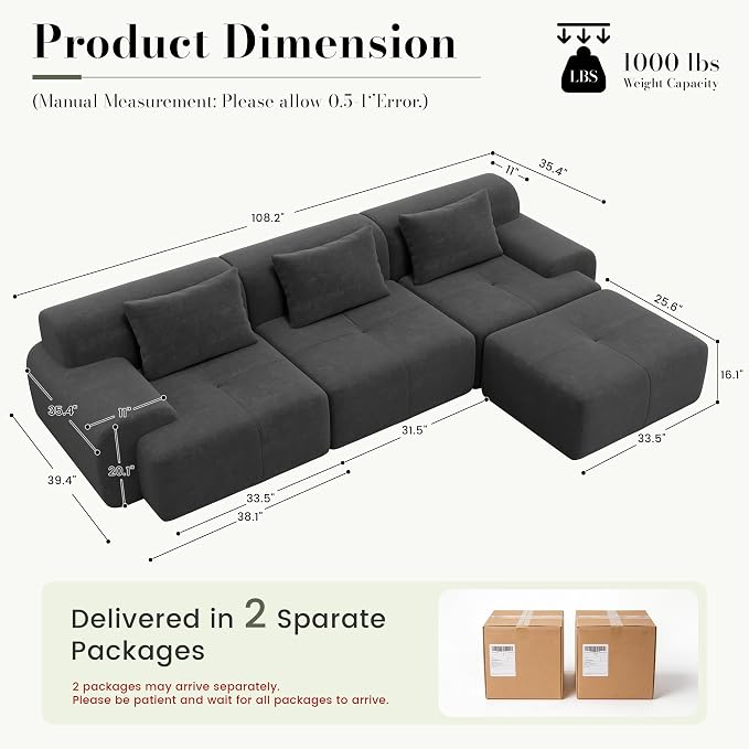 GRUSIGN 108'' Modular Sectional Boneless Couch, Tufted Cloud Sectional Couches - Image 2