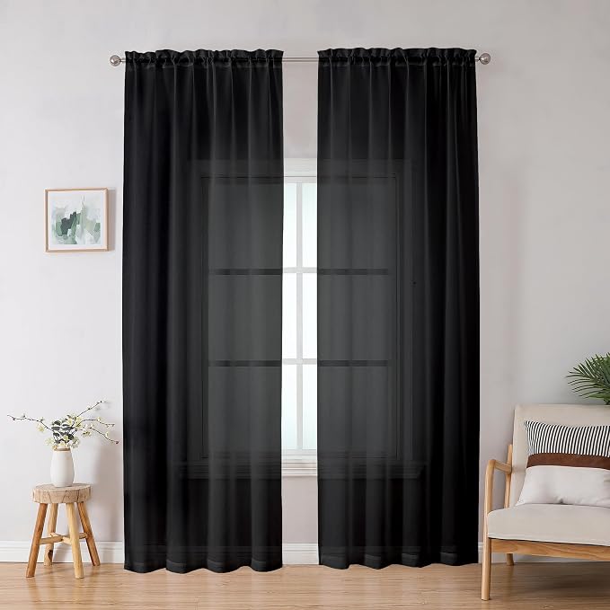 Black Sheer Curtains, Sheer Curtains 78 inch Length 2 Panels Set, Rod Pocket - Image 2