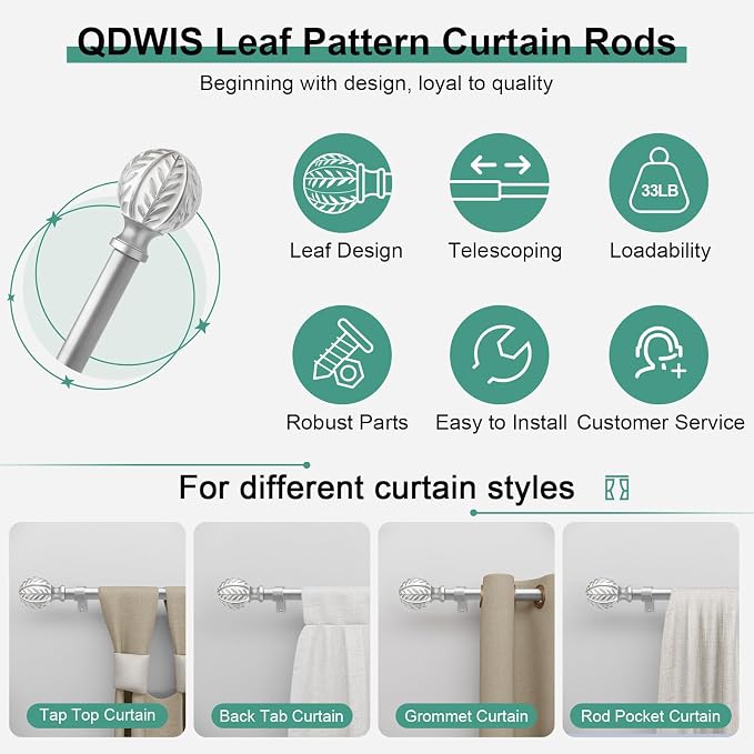 QDWIS Silver Curtain Rods for Windows 66 to 120 inch, Rustic Decorative Drapery - Image 6