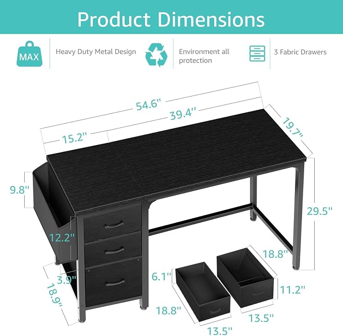 Lufeiya Computer Desk with Fabric File Drawers Cabinet, 55 Inch Reversible Home - Image 3