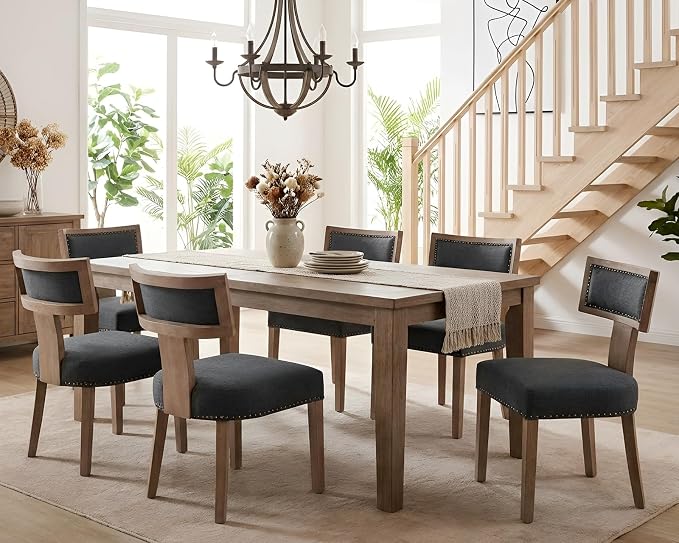 HNY Mid Century Modern Dining Chairs Set of 6, Farmhouse Linen Fabric - Image 7