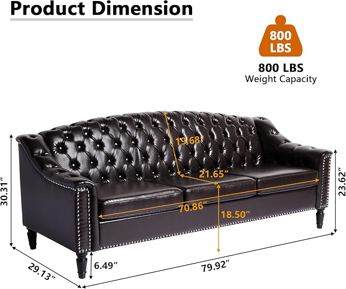 LEVNARY Mid-Century Modern Leather Couch, Chesterfield Sofa Sleeper Settee - Image 2