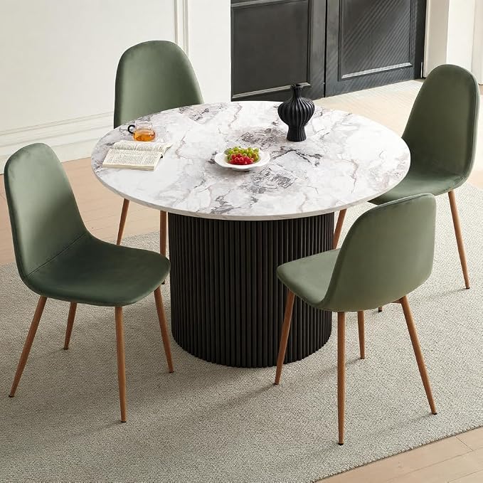 Dining Table Set for 4, Mid Century Modern 47 Inch White Marble-Look Wooden - Image 7