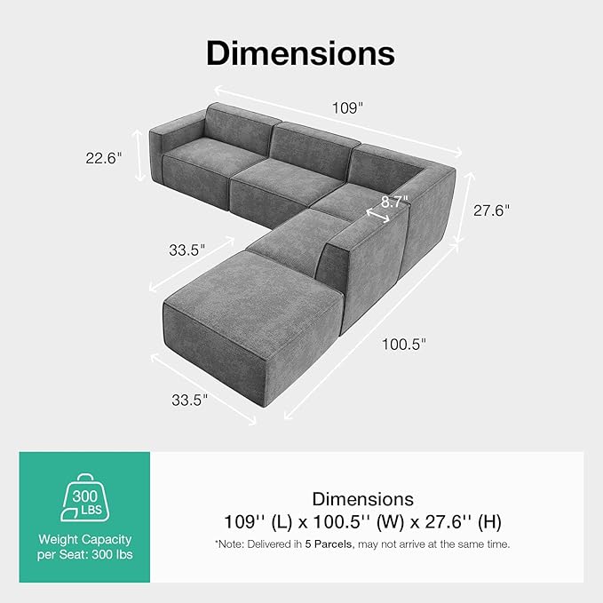 Novilla 109" Modular Sectional Sofa, No Assembly Cloud Sectional Couch - Image 2