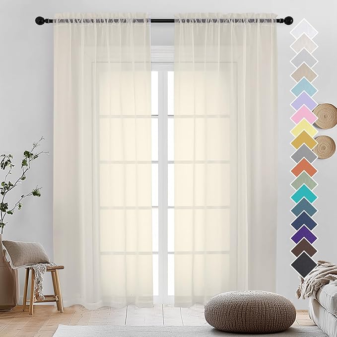 Cream Sheer Curtains 84 Inches Long 2 Panels by OVZME