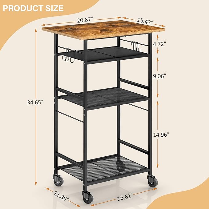 ThreeHio Rolling Kitchen Microwave Cart, 4 Tier Microwave Table Stand - Image 3