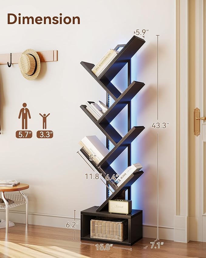 Casaottima 6-Tier Tree Bookshelf — Narrow Floor Standing Bookcase, Tall Steel & - Image 3