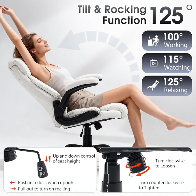 High Back Office Chair with Flip-up Armrests, Leather Comfy Desk Chair with - Image 5