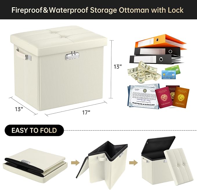 DocSafe Storage Ottoman with Lock, Fireproof＆Waterproof 17 Inches Folding - Image 2