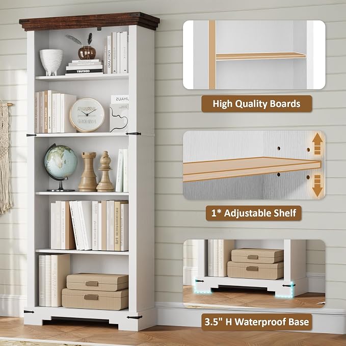 5-Tier Farmhouse Bookshelf, 61.1 inch Tall Bookcase - Image 3