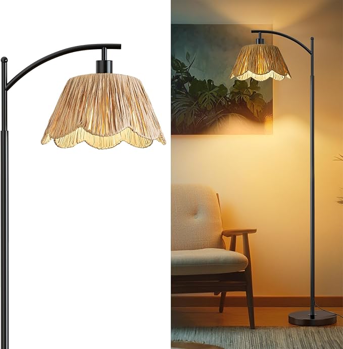 Oneach Boho Rattan Floor Lamp for Living Room, Farmhouse Standing Lamp by Oneach