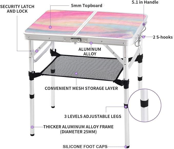 Yriuat Folding Camping Table 2ft Portable Picnic Table Adjustable Height Small - Image 4