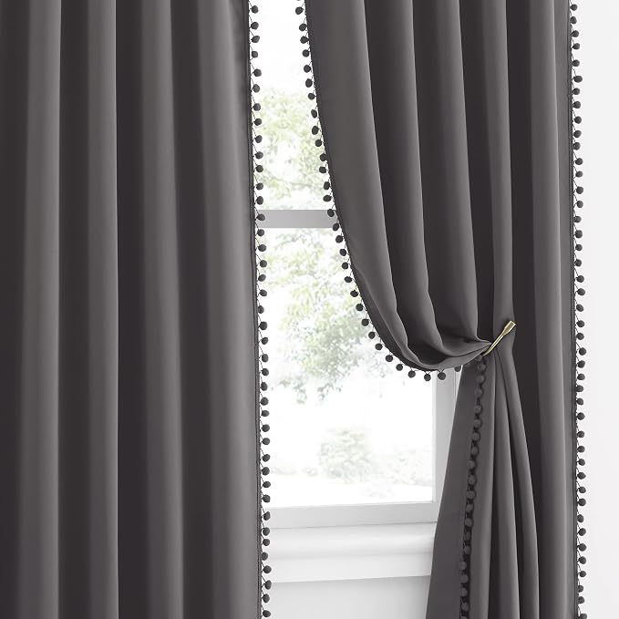 NICETOWN 2 Panels Blackout Curtains, Rod Pocket Pompoms Curtains 84 inches - Image 2