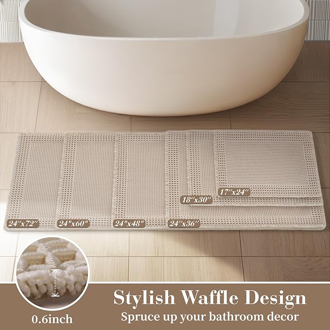 RESARE Waffle Bathroom Runner Rugs, Non Slip Boho Bath Mat 24x60 Pale Beige | - Image 5