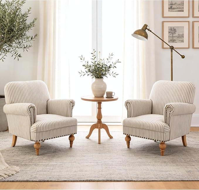 Khaki Striped Linen Fabric Accent Chairs Set of 2, Modern Farmhouse Upholstered - Image 7