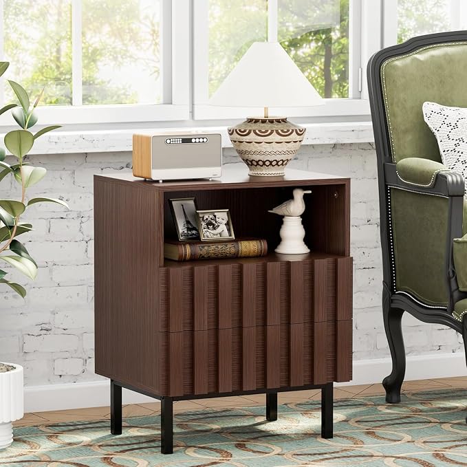 UEV Mid Century Modern Fluted Nightstand Set of 2, 2 Drawers End Table - Image 4