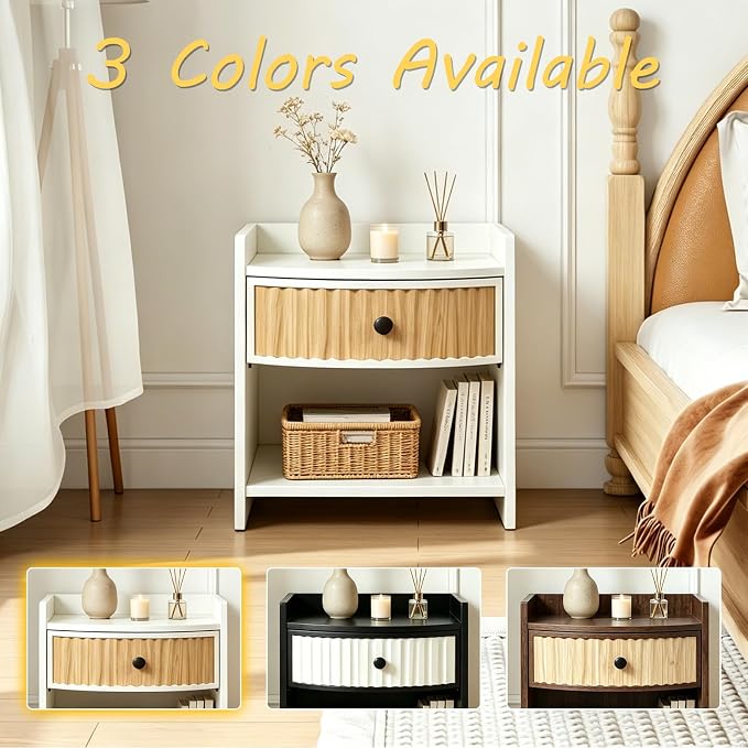 Wooden Nightstand with Drawer and Open Storage Shelf, Curved Front Bedside Table - Image 7