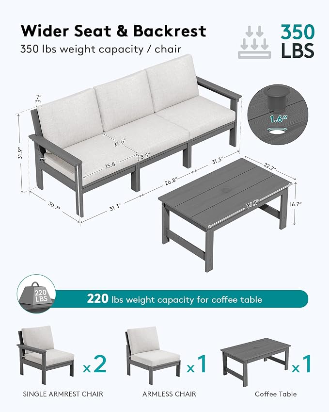 SERWALL HDPE Patio Sofa Set, 4-piece Sectional Outdoor Furniture Set, All - Image 2