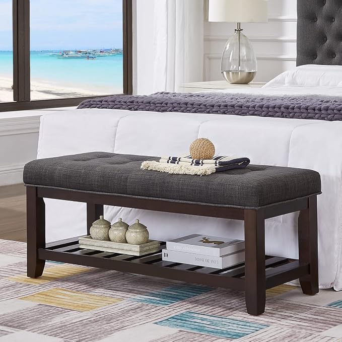 24KF Large Rectangular Upholstered Tufted Linen Ottoman Bench, Padded Bench by WEMARTHOMEDECOR