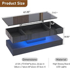 47.2" Large Lift Top Coffee Table, Modern High Glossy LED Coffee Tables - Image 2