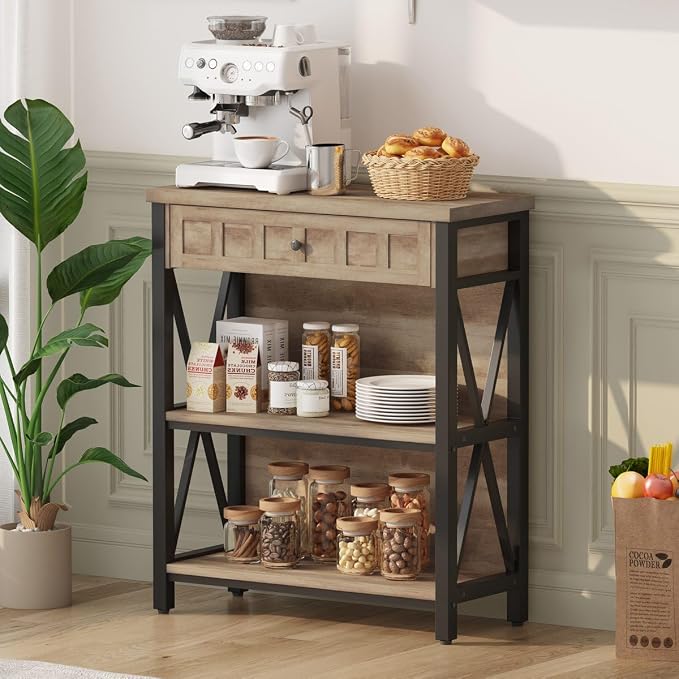 FATORRI Rustic Bookshelf with Drawer, Industrial Wood and Metal Bookcase - Image 6