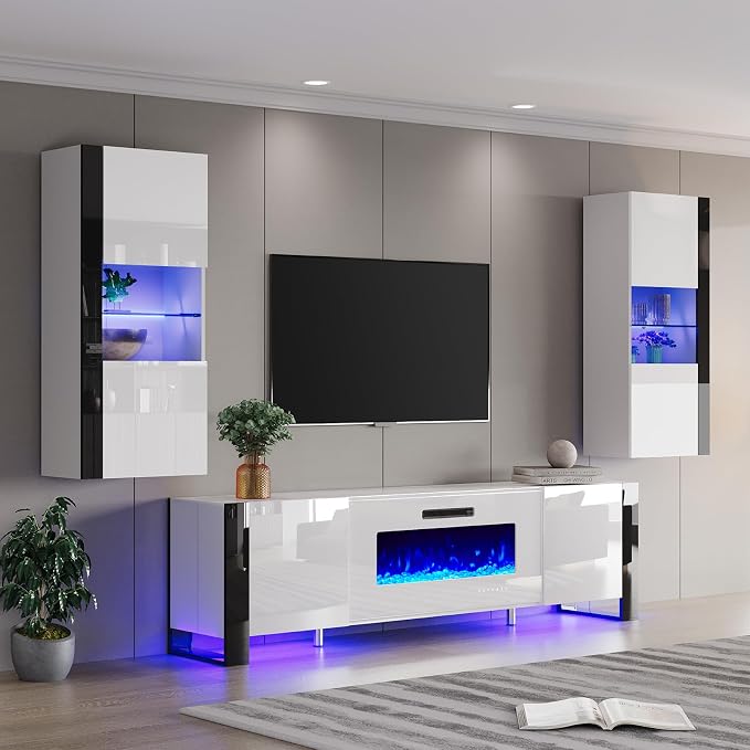 AMERLIFE 3-Piece Modern Wall Unit Entertainment Center Set, High Gloss 80" - Image 7