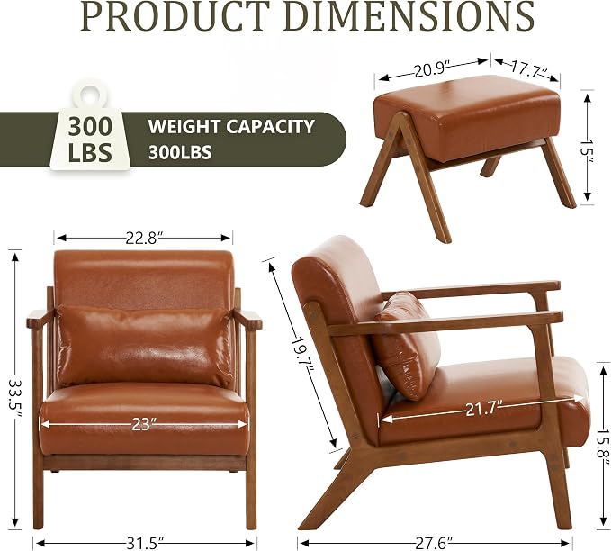 Accent Chair and Ottoman Set, Mid-Century Modern Faux Leather Armchair - Image 2