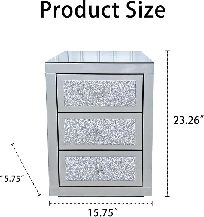 3-Drawer Mirrored Nightstand Bedside Table, Modern Mirrored End Side Table - Image 2