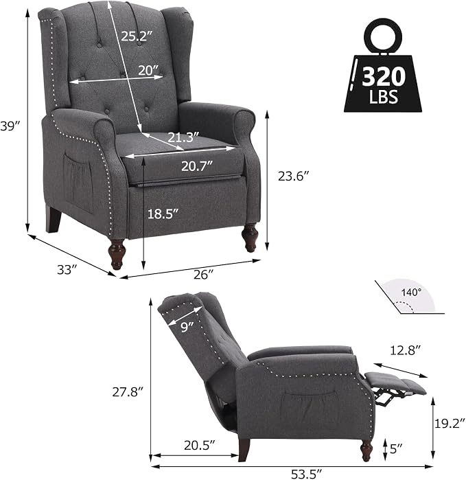 Wingback Recliner Chair with Massage and Heat, Wingback Recliner Tufted Fabric - Image 2