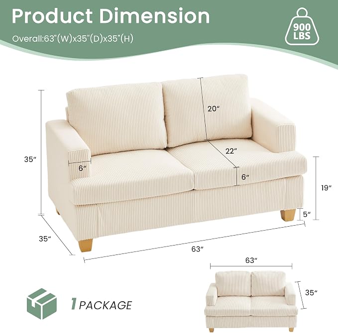 YOUDENOVA 63" Corduroy Sofa Couch Loveseat - Image 2