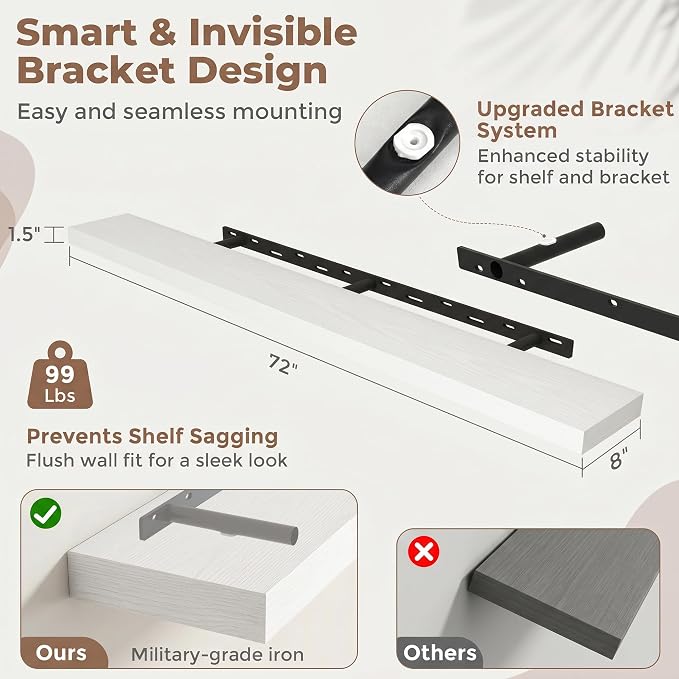 FLYJOE Floating Shelves for Wall, 72 Inch Floating Shelves Set of 1, Kitchen - Image 2