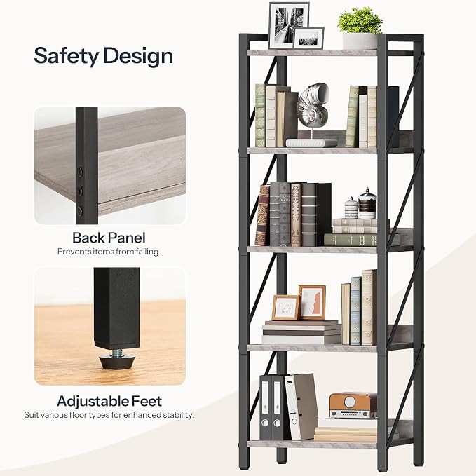 HOOBRO Bookshelf, 5-Tier Industrial Bookcase, Book Shelf Storage Organizer - Image 6