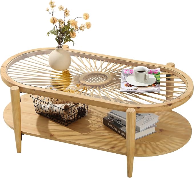 RUSTOWN Rattan Coffee Tables, 2-Tier Oval Boho Cocktail Tables, Mid Century - Image 9