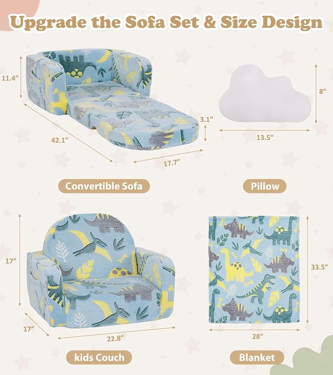 Kids Couch, 2-in-1 Soft Toddler Couch Fold Out - Image 3