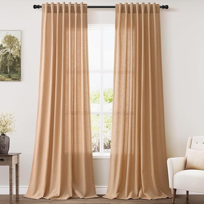 Camel Linen Curtains for Living Room Extra Long 112 Inches Long Back Tab Light by Nanspring