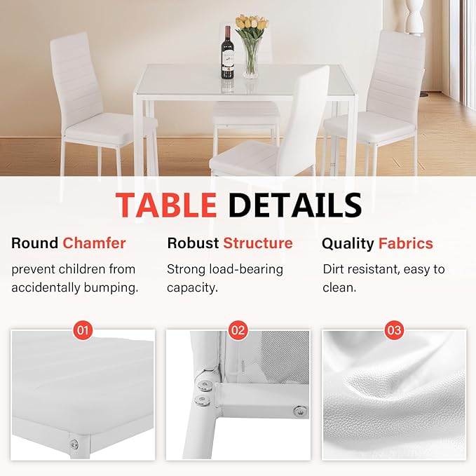 FDW | 5-Piece Dining Table Set | White | Glass Kitchen Table - Image 6