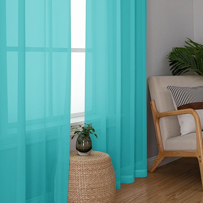 Chyhomenyc Sheer Curtains 63 Inch Length 2 Panels, Turquoise | Light Filtering - Image 7