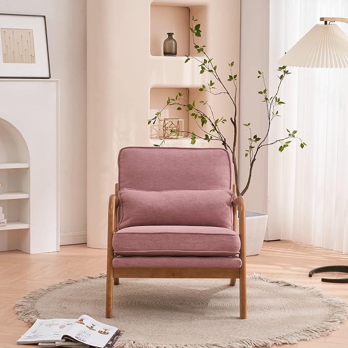 VINGLI Cozy Living Room Chairs, Linen Pink Accent Chairs Set of 2, Wood Lounge - Image 4