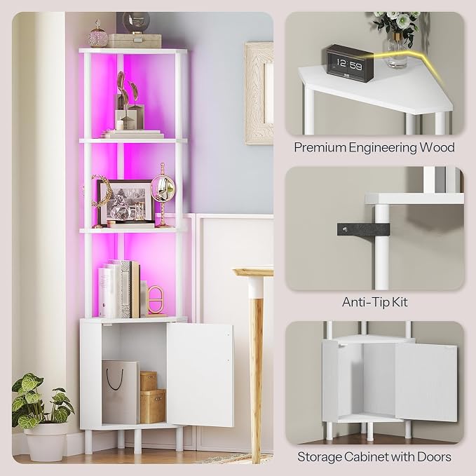 HOOBRO Corner Cabinet with LED Light, Corner Shelf Stand with Storage and Doors - Image 7