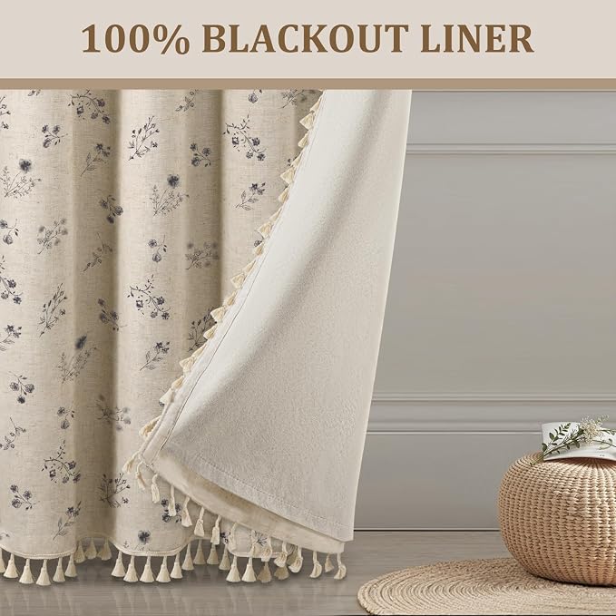 Boho Floral 100% Blackout Curtains 84 Inch 2 Panels Black | Farmhouse Vintage - Image 6