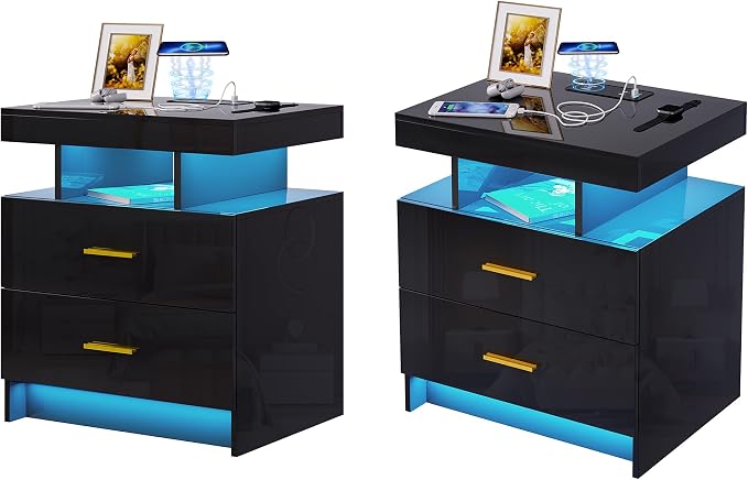 HNEBC Auto LED Nightstands Set of 2, Modern Bedside Table by HNEBC