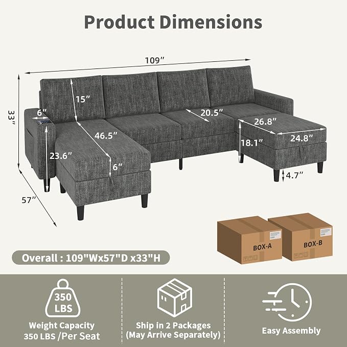 Sectional Couches for Living Room, 6-Seats Soft Linen Fabric Sectional Sofa - Image 2