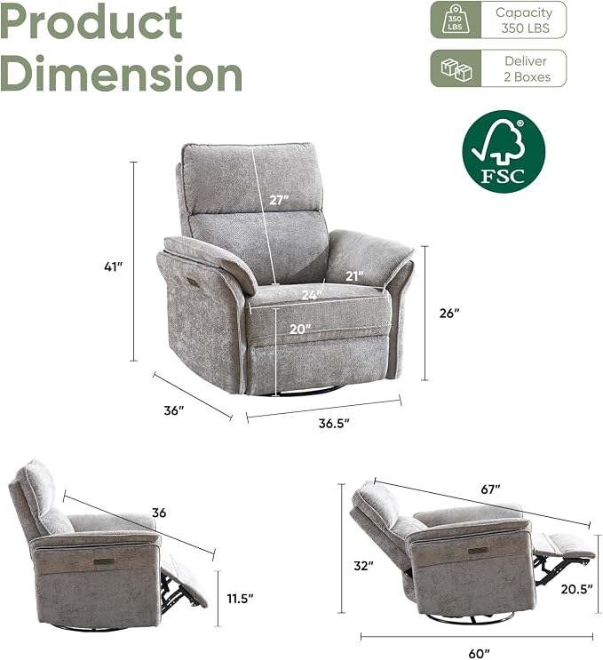 Power Swivel Rocker Recliner, Glider Recliner Nursery Chair - Image 2