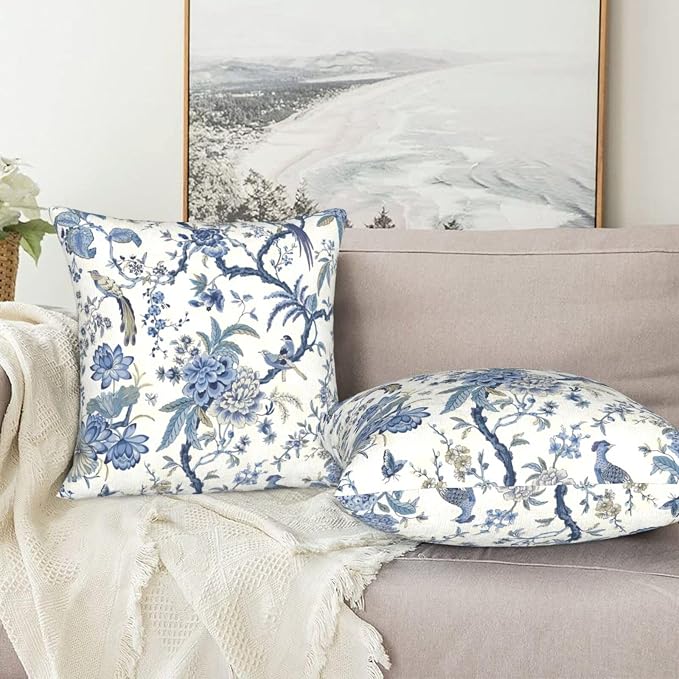 Chinoiserie Blue and White Pillow Covers 18x18 Set of 2, Bird and Flowers Throw - Image 7